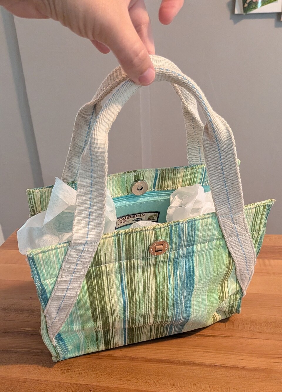 Caribbean Joe Striped Canvas Beach / Summer Tote Bag Fun Teal and Green Sripes